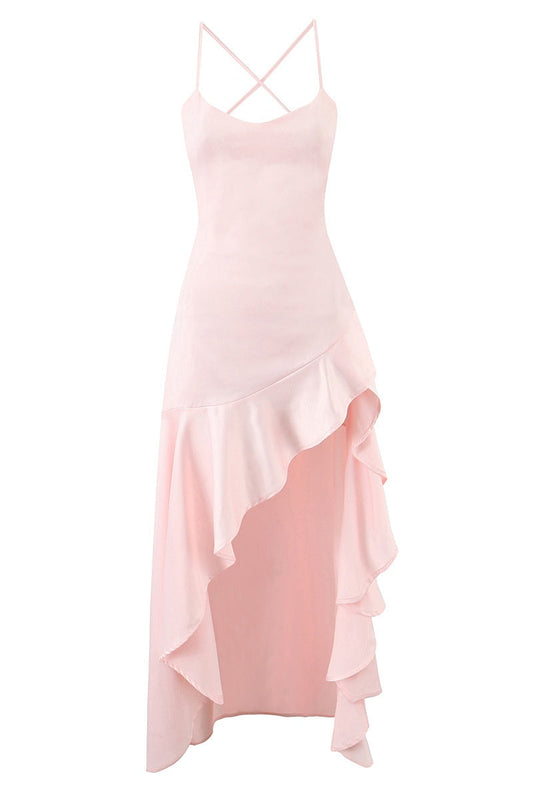 Pink Straps Frill Long Maxi Dress