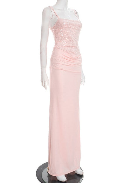 Pink Straps Fitted Ruched Long Dress