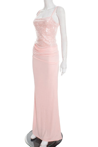Pink Straps Fitted Ruched Long Dress
