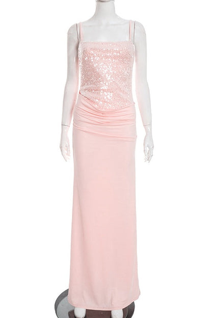 Pink Straps Fitted Ruched Long Dress