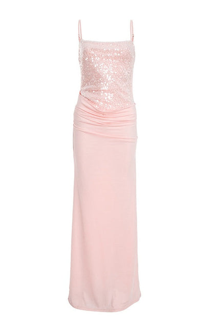 Pink Straps Fitted Ruched Long Dress