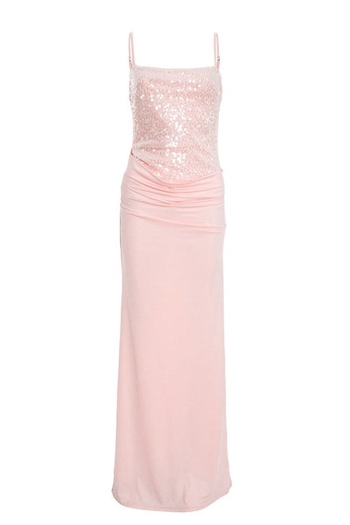 Pink Straps Fitted Ruched Long Dress