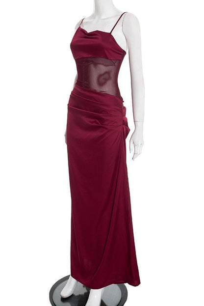 Straps Burgundy Sheer Draped Long Dress