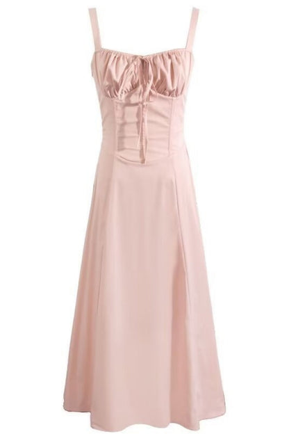 Straps Ruched Neckline Lase-up Long Summer Dress