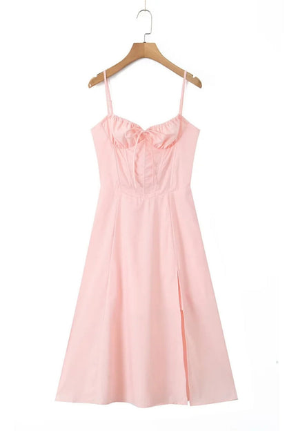 Pink Spaghetti Strap Bow Long Summer Dress with Slit