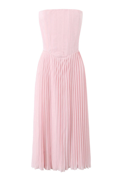 Pink Strapless Lase-up Ruched Long Summer Dress