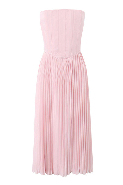 Pink Strapless Lase-up Ruched Long Summer Dress