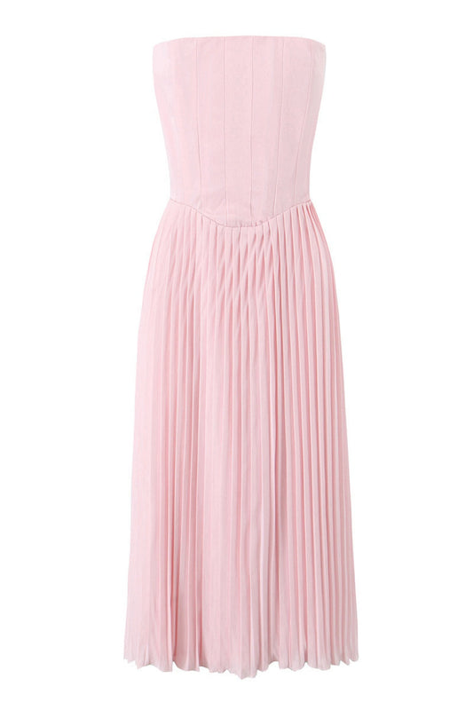 Pink Strapless Lase-up Ruched Long Summer Dress