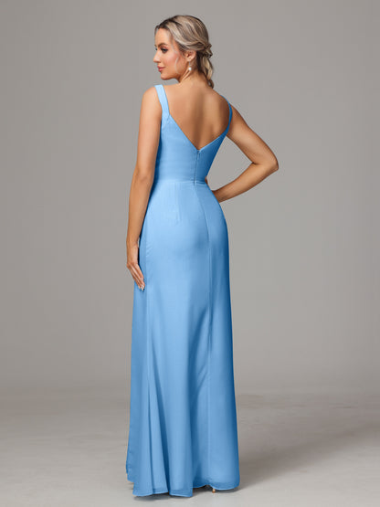 V Neck Sleeveless Chiffon Bridesmaid Dress With Slit