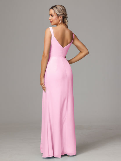 V Neck Sleeveless Chiffon Bridesmaid Dress With Slit