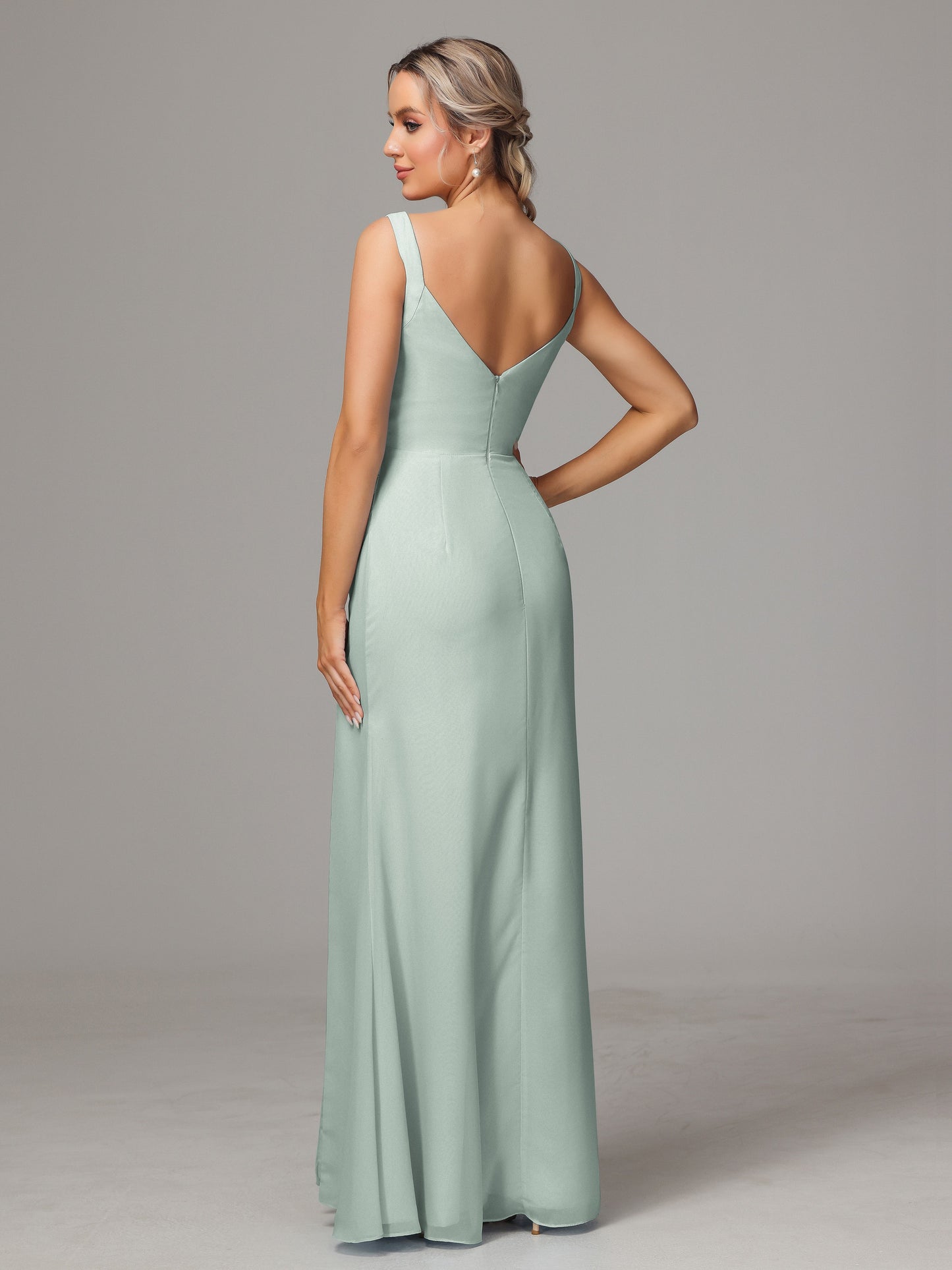 V Neck Sleeveless Chiffon Bridesmaid Dress With Slit