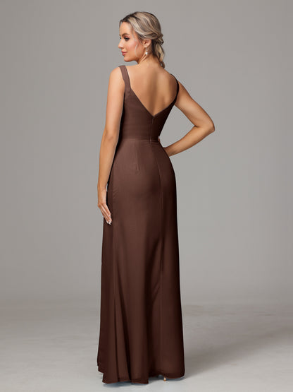 V Neck Sleeveless Chiffon Bridesmaid Dress With Slit