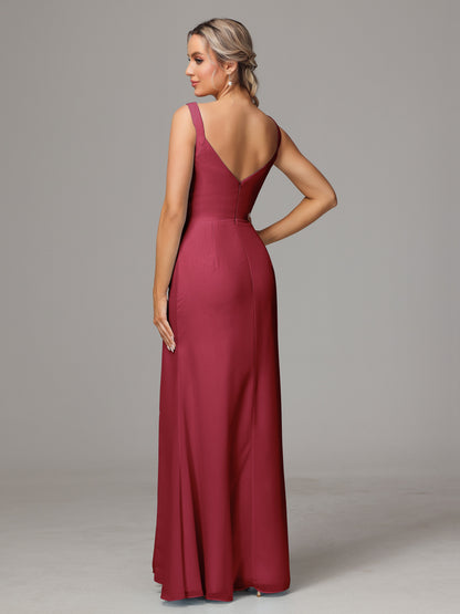 V Neck Sleeveless Chiffon Bridesmaid Dress With Slit