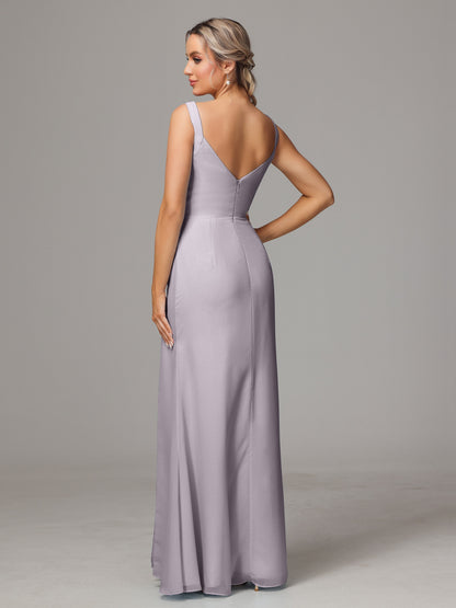 V Neck Sleeveless Chiffon Bridesmaid Dress With Slit
