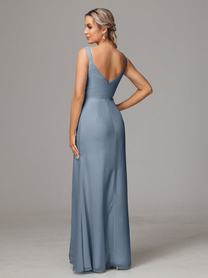 V Neck Sleeveless Chiffon Bridesmaid Dress With Slit