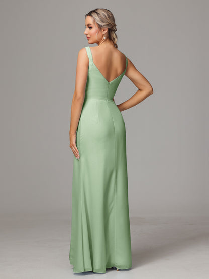 V Neck Sleeveless Chiffon Bridesmaid Dress With Slit