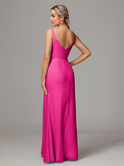 V Neck Sleeveless Chiffon Bridesmaid Dress With Slit