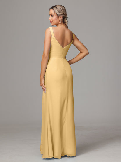 V Neck Sleeveless Chiffon Bridesmaid Dress With Slit