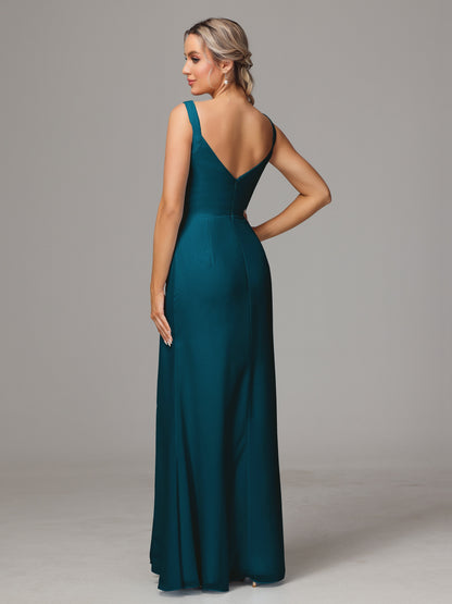 V Neck Sleeveless Chiffon Bridesmaid Dress With Slit