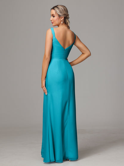 V Neck Sleeveless Chiffon Bridesmaid Dress With Slit