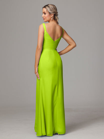 V Neck Sleeveless Chiffon Bridesmaid Dress With Slit