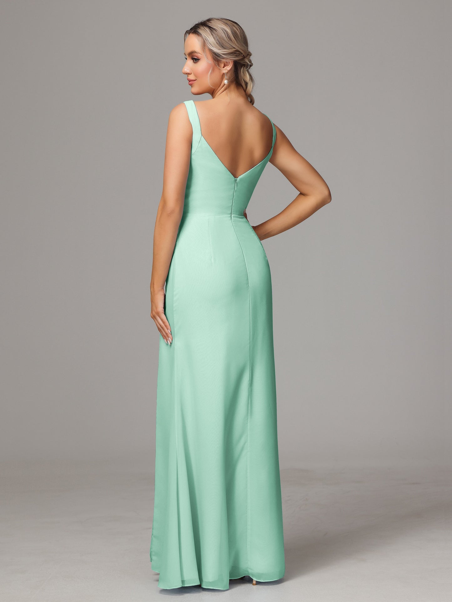 V Neck Sleeveless Chiffon Bridesmaid Dress With Slit