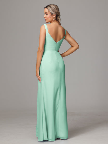 V Neck Sleeveless Chiffon Bridesmaid Dress With Slit