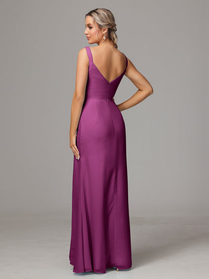 V Neck Sleeveless Chiffon Bridesmaid Dress With Slit