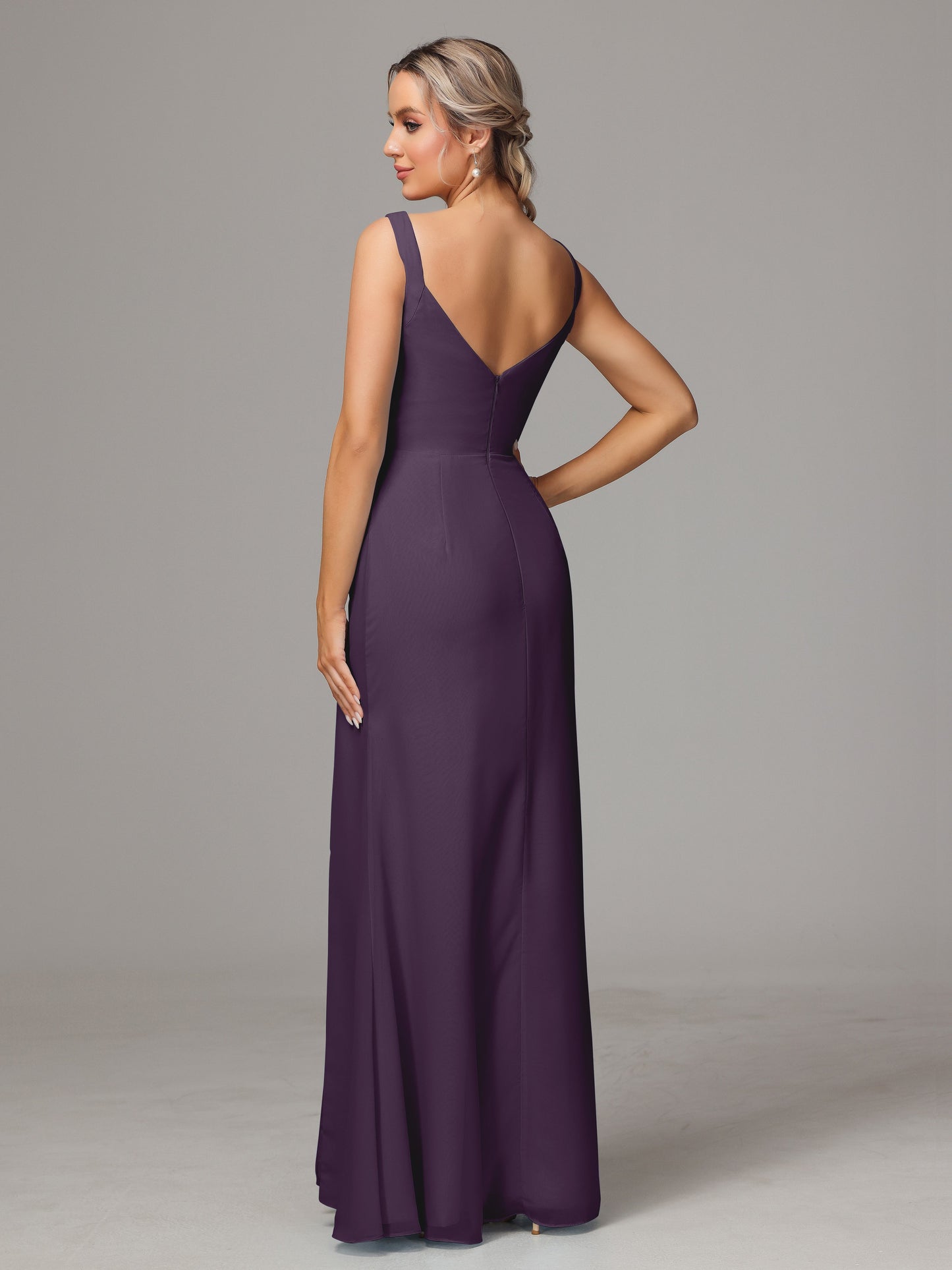 V Neck Sleeveless Chiffon Bridesmaid Dress With Slit