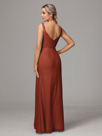V Neck Sleeveless Chiffon Bridesmaid Dress With Slit