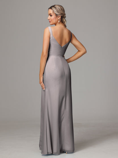 V Neck Sleeveless Chiffon Bridesmaid Dress With Slit