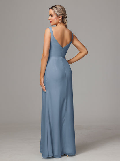 V Neck Sleeveless Chiffon Bridesmaid Dress With Slit