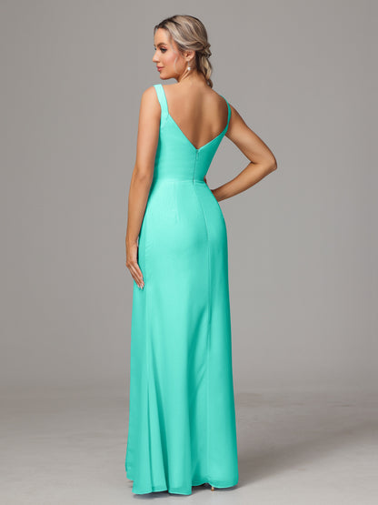 V Neck Sleeveless Chiffon Bridesmaid Dress With Slit