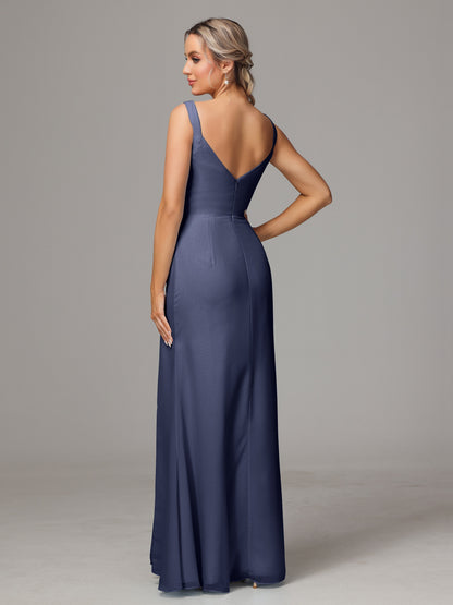 V Neck Sleeveless Chiffon Bridesmaid Dress With Slit