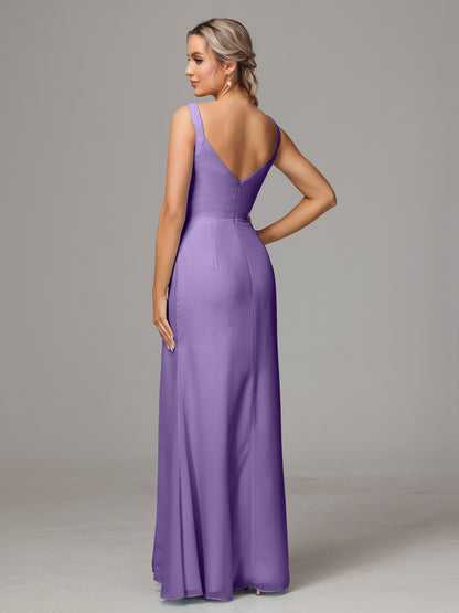 V Neck Sleeveless Chiffon Bridesmaid Dress With Slit