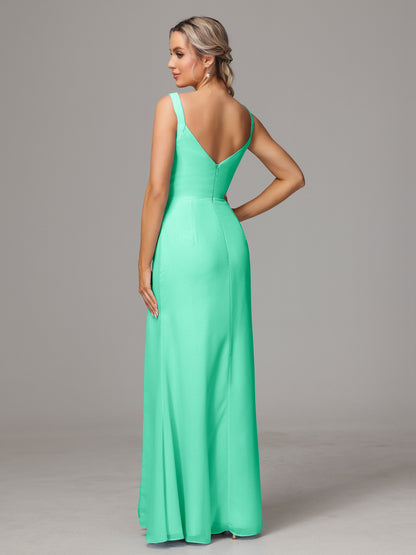 V Neck Sleeveless Chiffon Bridesmaid Dress With Slit