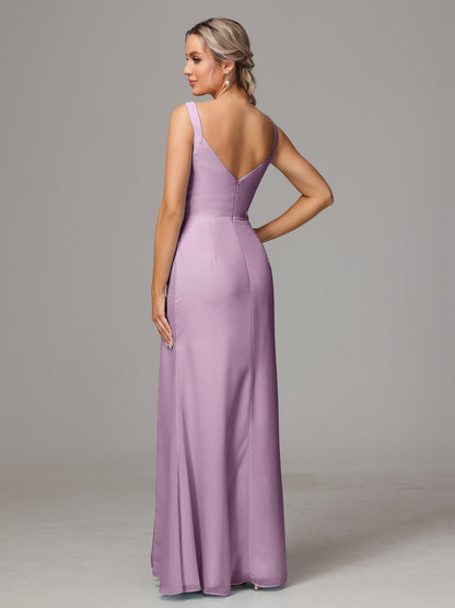 V Neck Sleeveless Chiffon Bridesmaid Dress With Slit