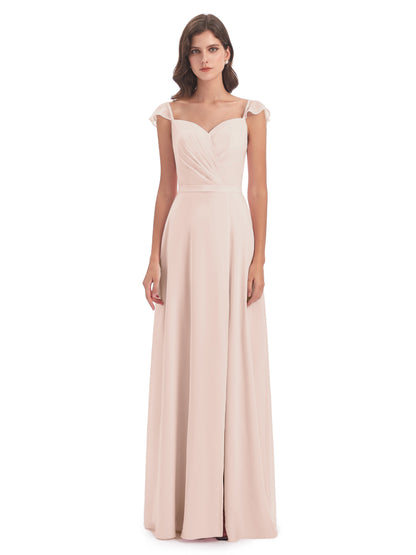 Mylah Sheath Cap Sleeves Split Chiffon Long Bridesmaid Dresses