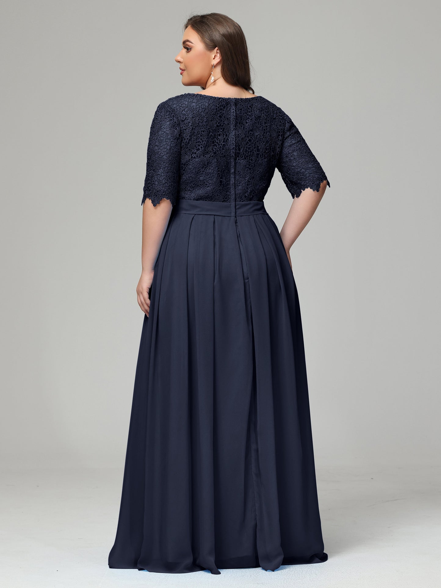 Illussion Neckline and Back Half Sleeves Scoop Lace Plus Size Bridesmaid Dresses