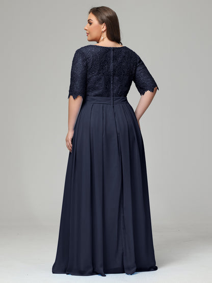 Illussion Neckline and Back Half Sleeves Scoop Lace Plus Size Bridesmaid Dresses