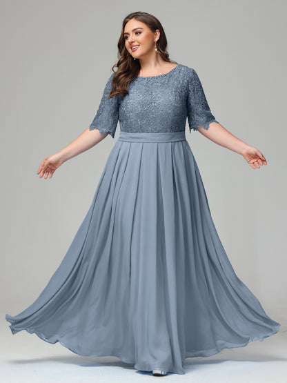 Illussion Neckline and Back Half Sleeves Scoop Lace Plus Size Bridesmaid Dresses
