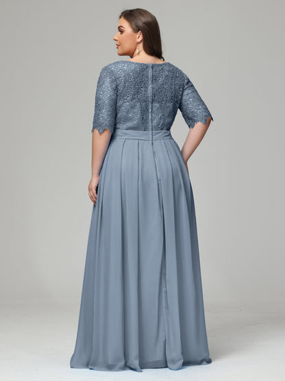 Illussion Neckline and Back Half Sleeves Scoop Lace Plus Size Bridesmaid Dresses
