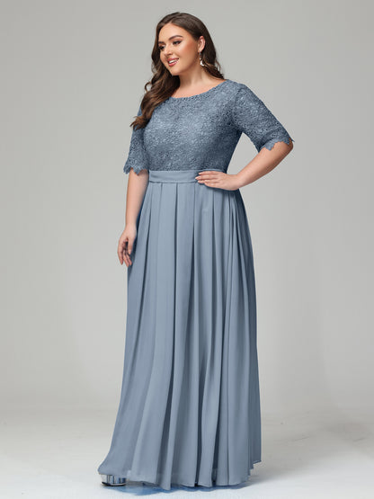Illussion Neckline and Back Half Sleeves Scoop Lace Plus Size Bridesmaid Dresses