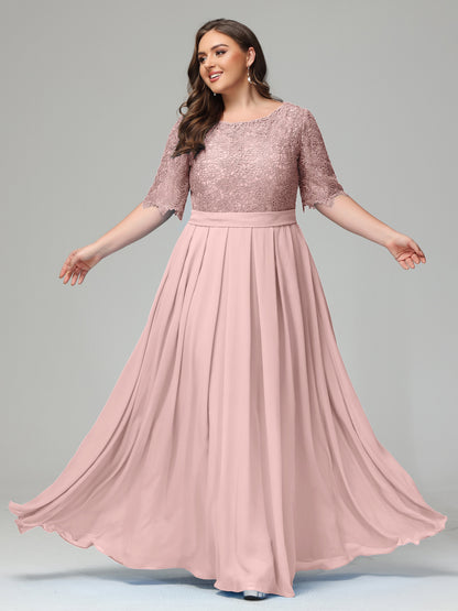 Illussion Neckline and Back Half Sleeves Scoop Lace Plus Size Bridesmaid Dresses