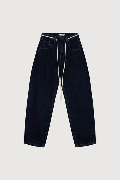 HIGH RISE BARREL LEG JEAN WITH SHOELACE BELT