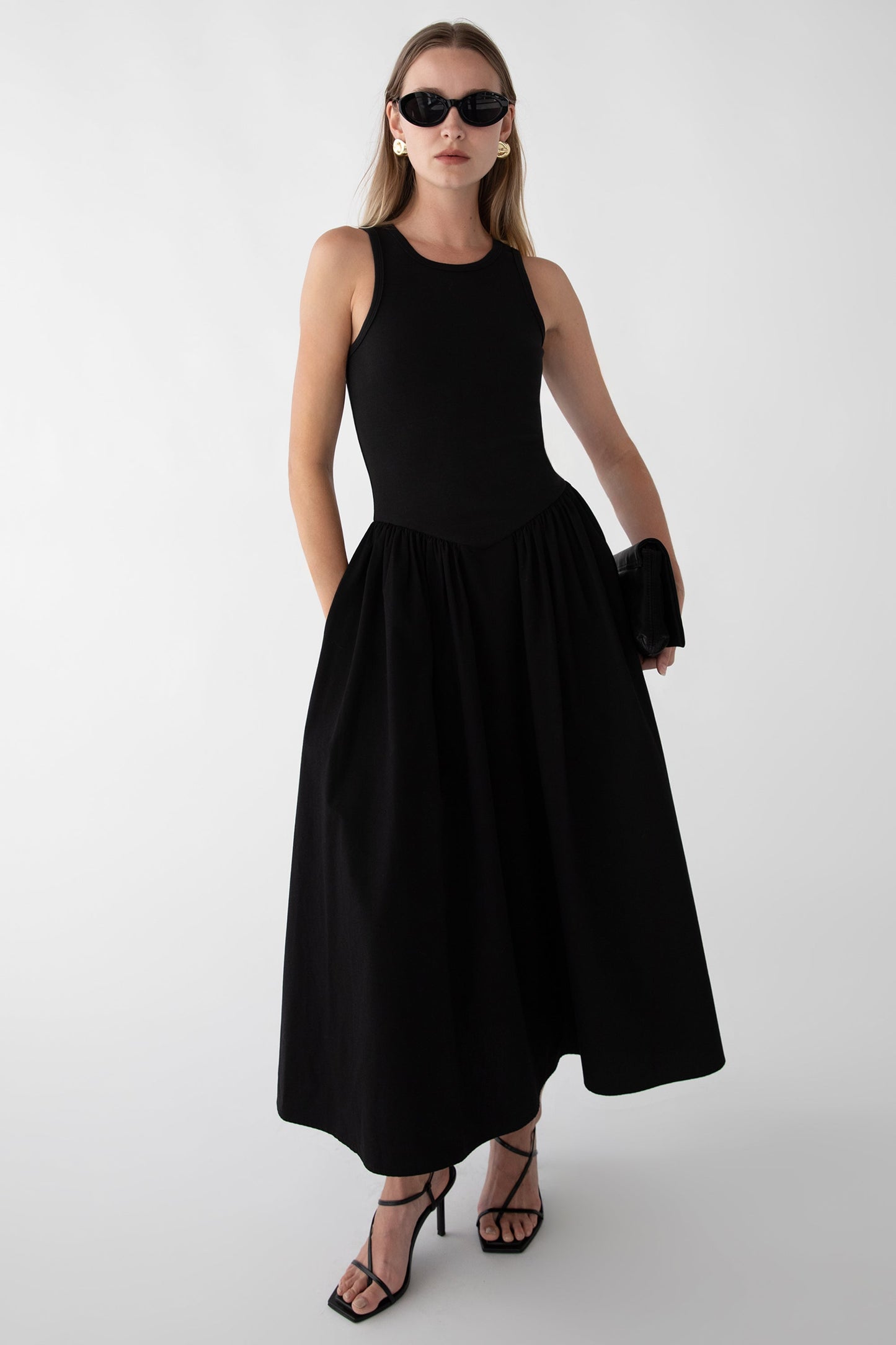 POPLIN RIB-KNIT DROP WAIST MIDI DRESS