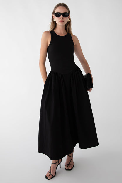 POPLIN RIB-KNIT DROP WAIST MIDI DRESS