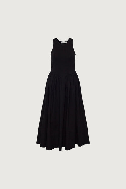 POPLIN RIB-KNIT DROP WAIST MIDI DRESS