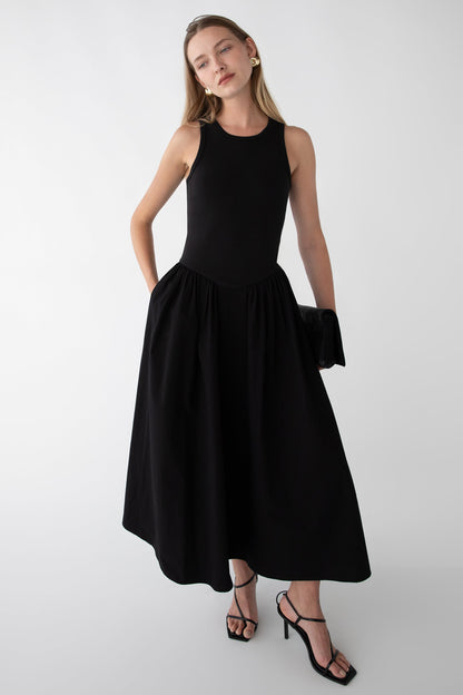 POPLIN RIB-KNIT DROP WAIST MIDI DRESS