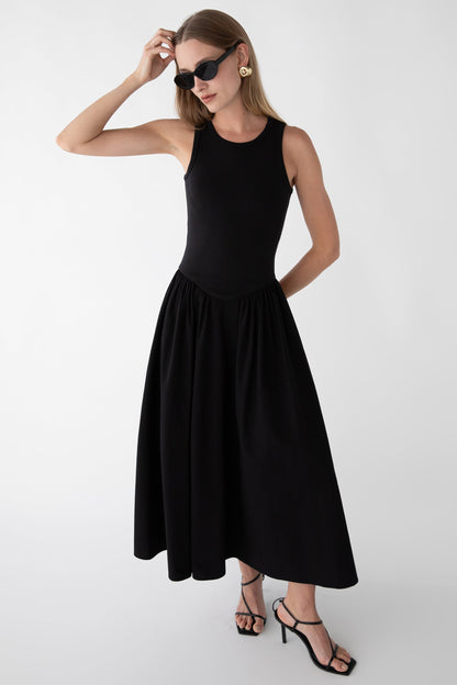 POPLIN RIB-KNIT DROP WAIST MIDI DRESS